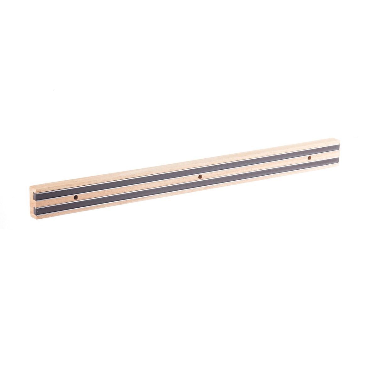 Angled view of the TableCraft 2924W wood magnetic knife holder showing the dual magnetic strip channels and mounting holes