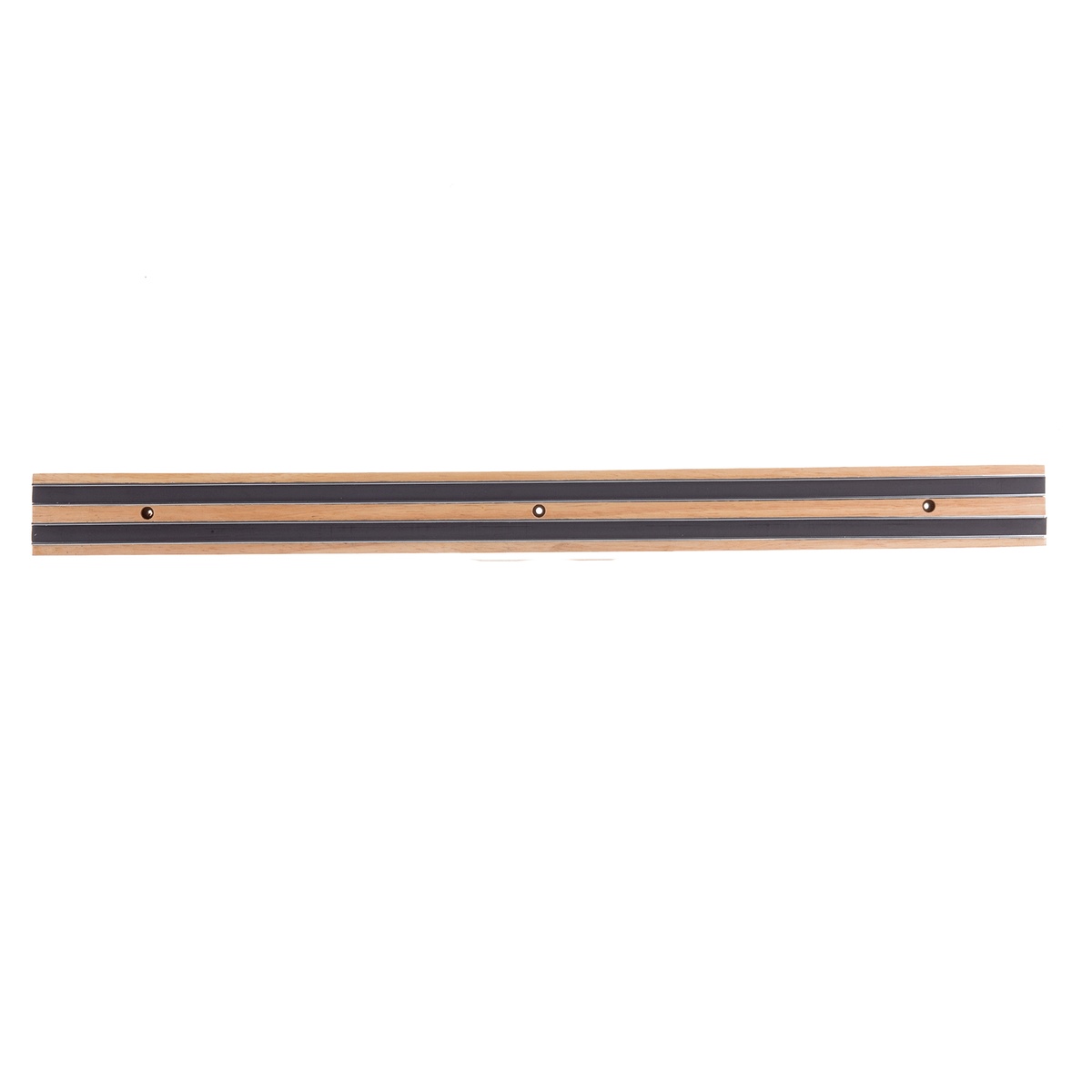 Front view of the TableCraft 2924W 24-inch wood magnetic knife holder showing the natural wood surface and dual magnetic strips
