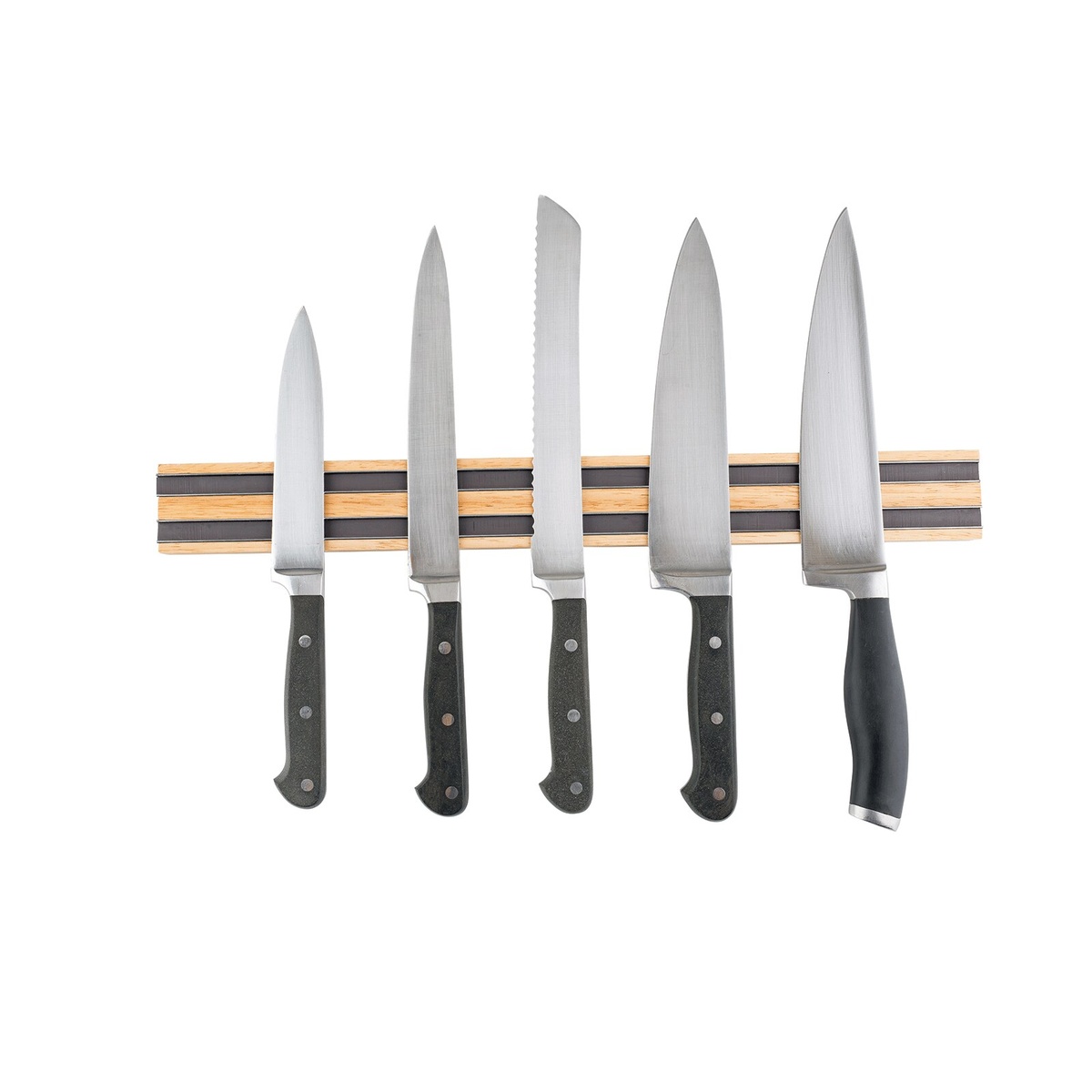 TableCraft 2924W 24-inch wood magnetic knife holder displayed with five assorted chef knives attached