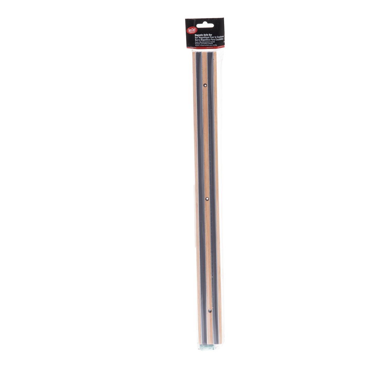 TableCraft 2924W 24-inch wood magnetic knife holder shown in its retail Cash and Carry packaging