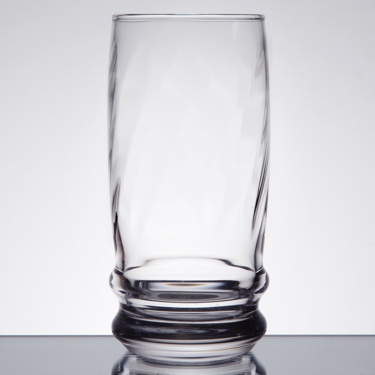 Libbey 29811HT Cascade 16 oz. clear cooler glass showing twisting pattern and double ring base