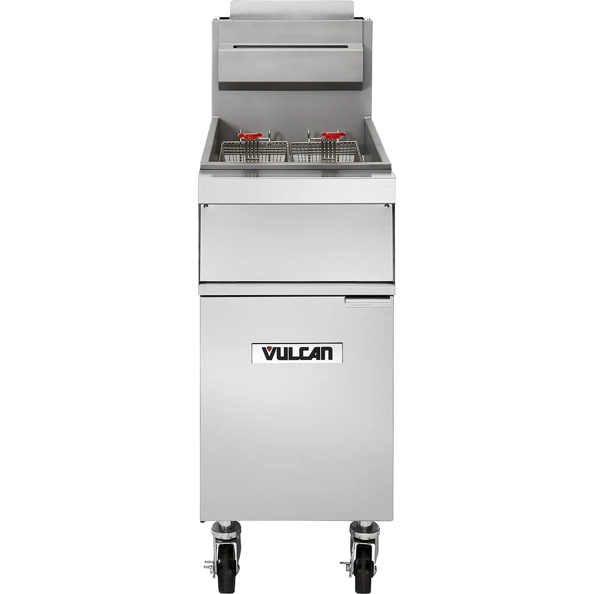 Vulcan 2GR45MF-LP stainless steel two-vat floor fryer with twin baskets and casters, front view
