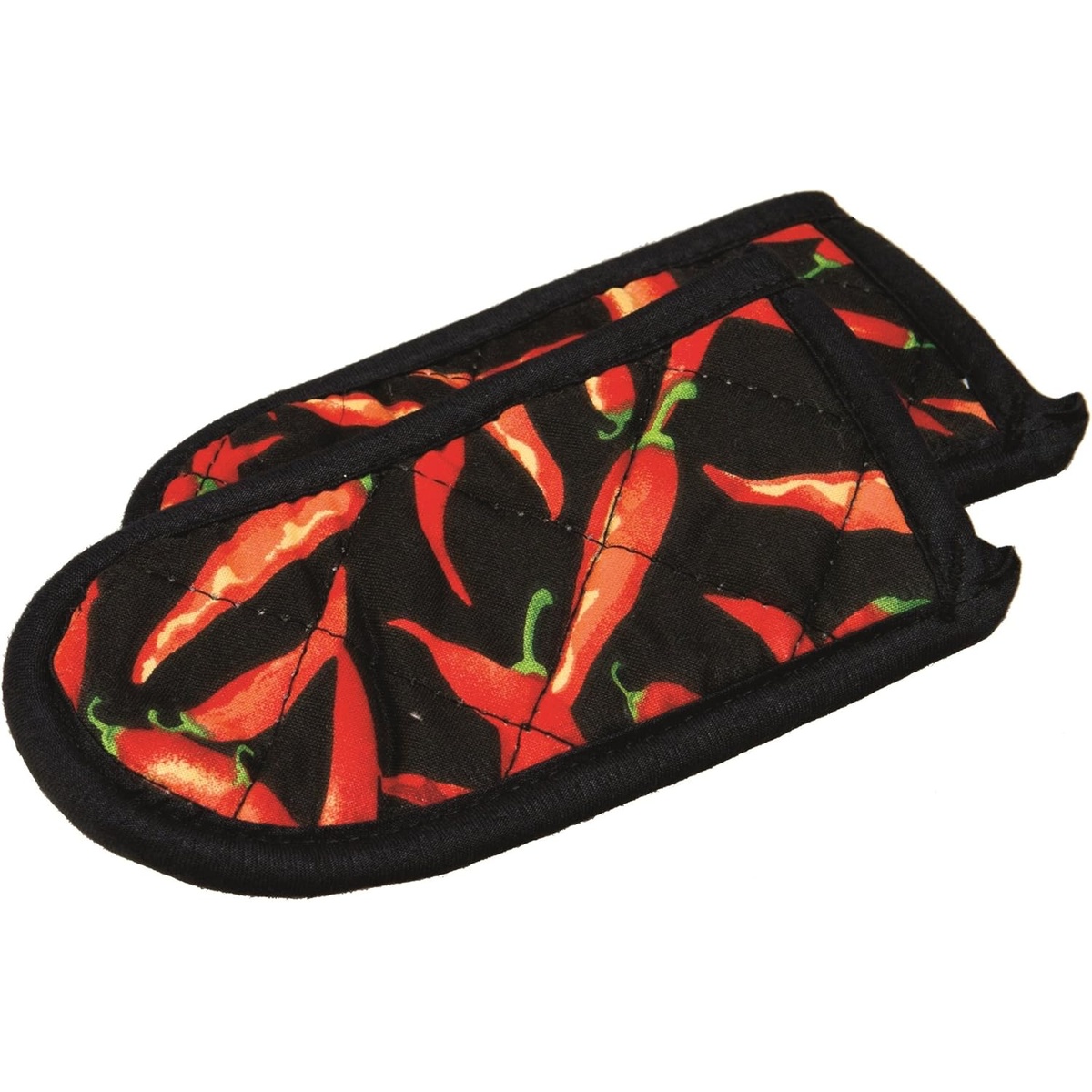 Lodge 2HHC2 hot handle holder set showing two quilted cotton holders with chili pepper print on black background