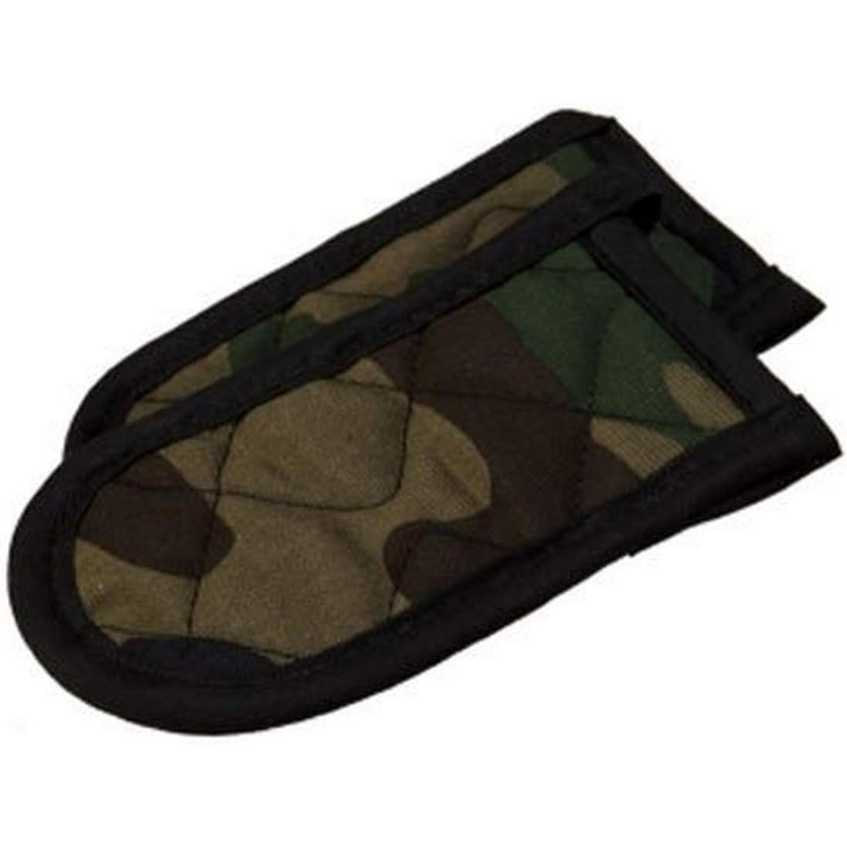 Lodge camouflage fabric hot handle holder with black stitched border, shown as a pair