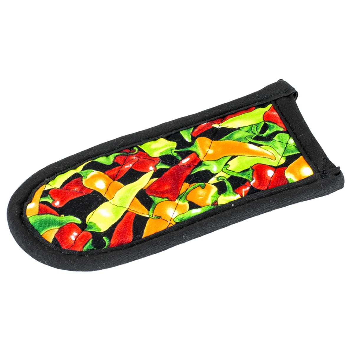 Single Lodge hot handle holder with multicolor chili pepper print showing fitted pocket opening