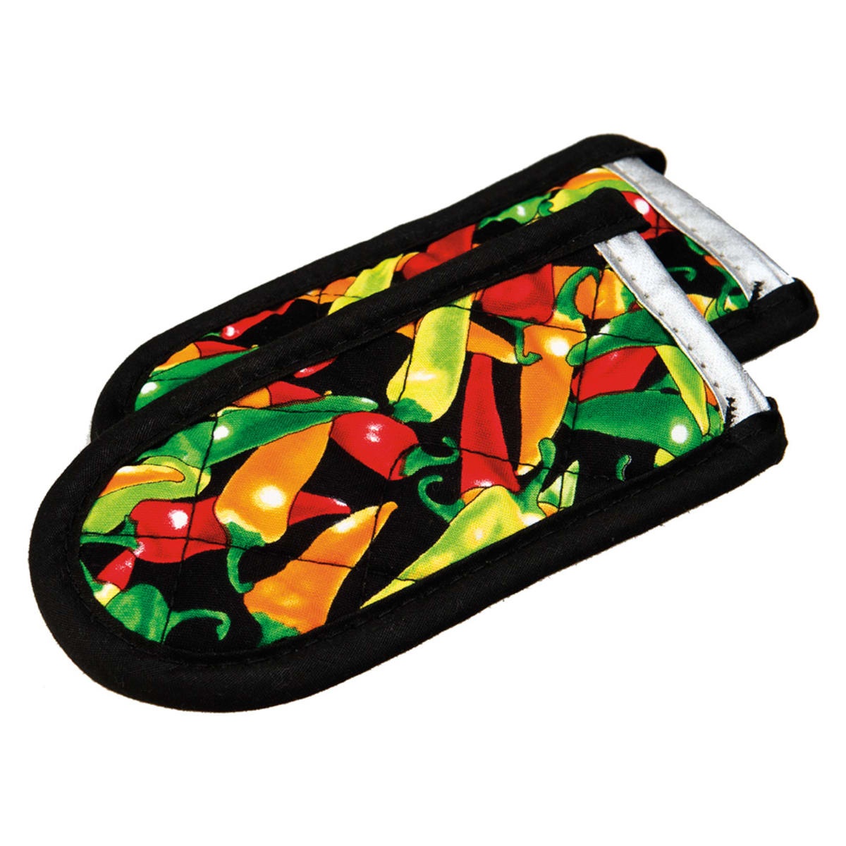 Lodge hot handle mitt set of two with multicolor chili pepper print on black fabric