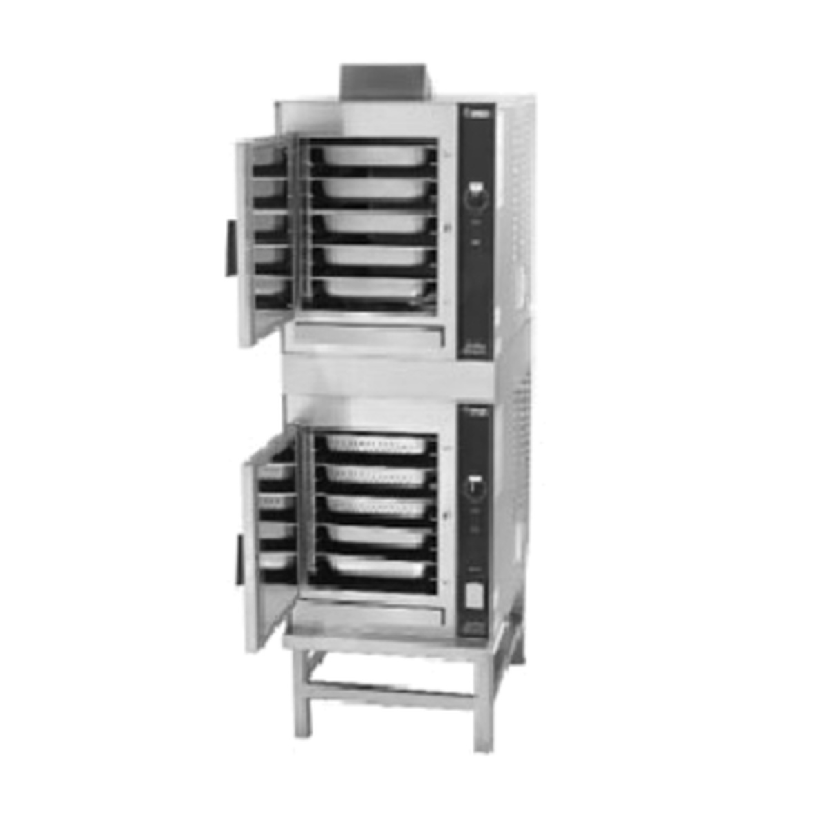 Groen (2)HY-5GF double-stacked natural gas convection steamer on stand with both doors open showing pan racks
