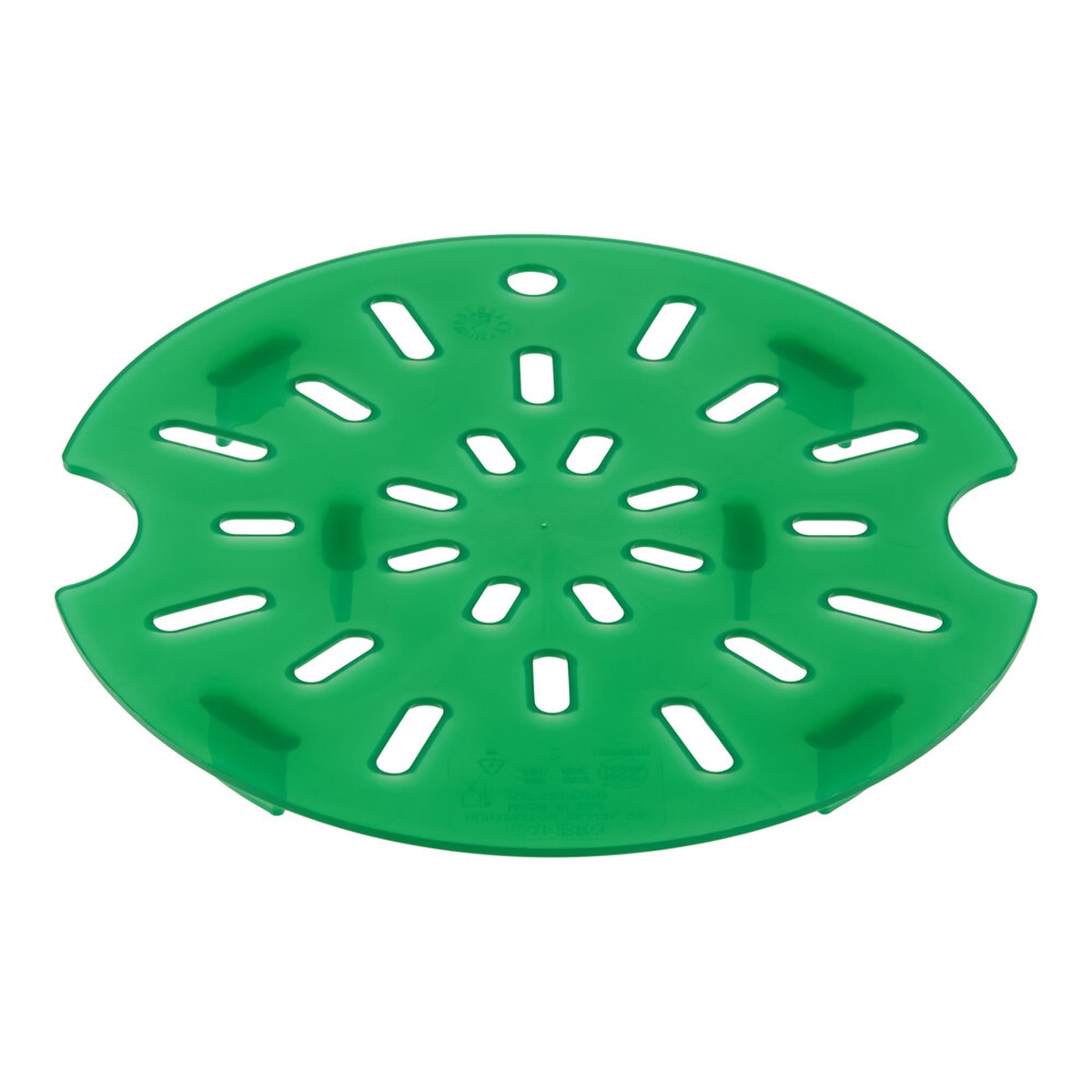 Cambro CamRounds FreshPro green round polypropylene drain shelf with perforated slots, viewed from above on white background