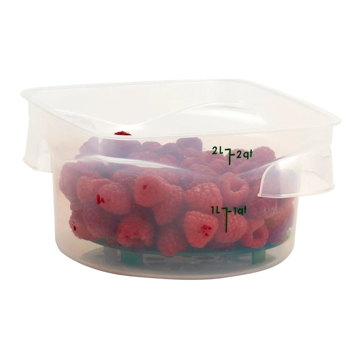 Cambro FreshPro CamRounds 2 qt. translucent container filled with raspberries and fitted with a clear seal lid