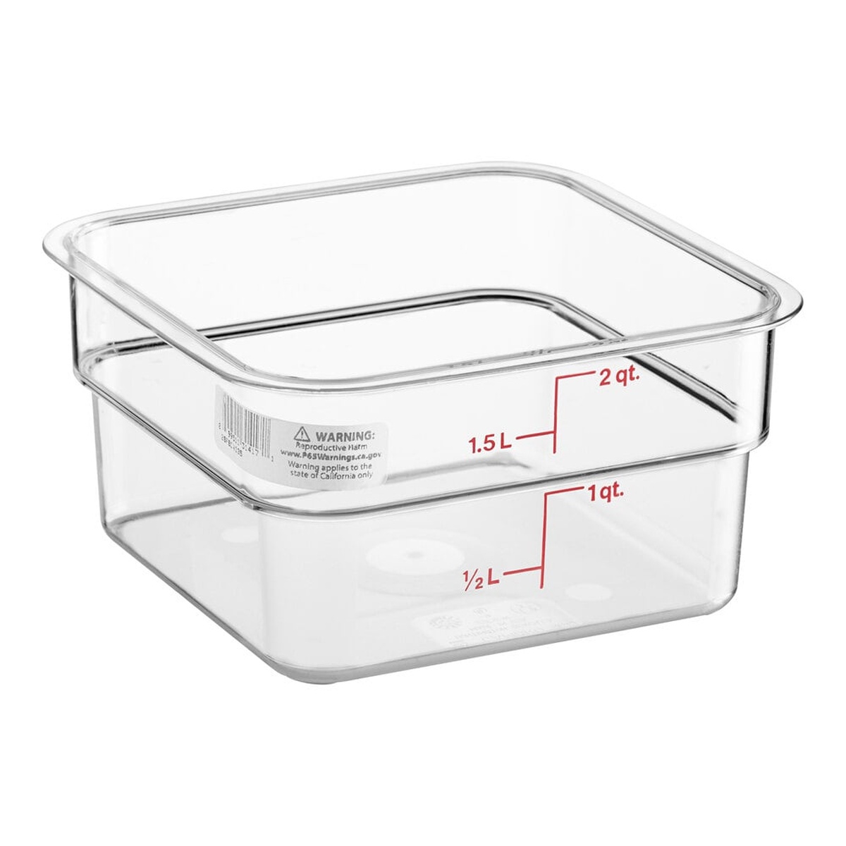 Cambro 2SFSCW135 clear square 2-quart polycarbonate food storage container showing red winter rose measurement graduations
