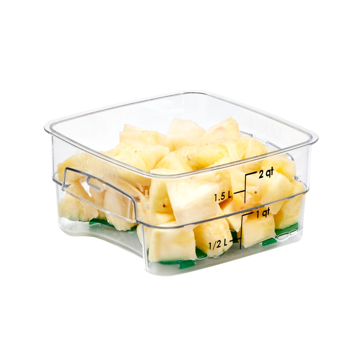 Cut fruit stored in a CamSquare container above a green drain shelf
