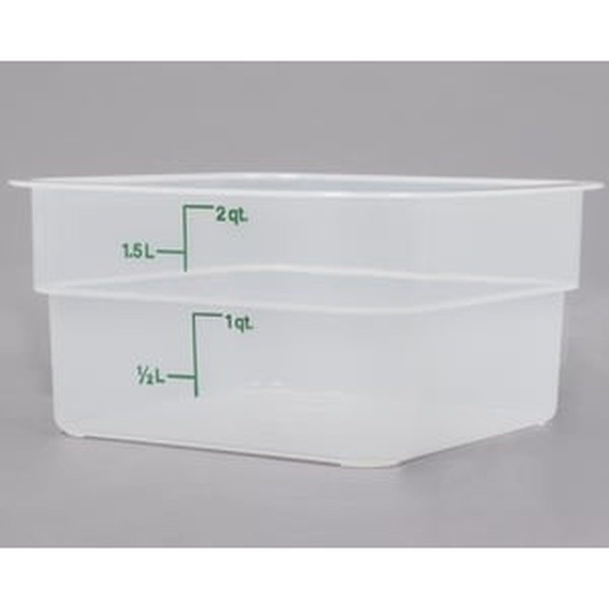 Cambro CamSquare 2 qt. translucent container viewed from front-top angle showing square profile and graduation markings