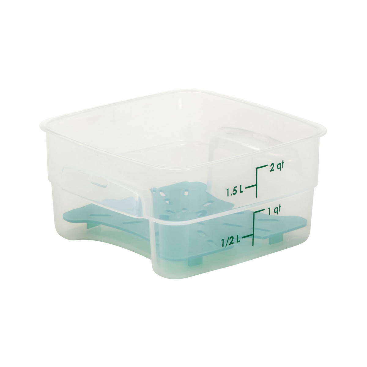 Cambro FreshPro container shown open with optional drain shelf insert visible inside
