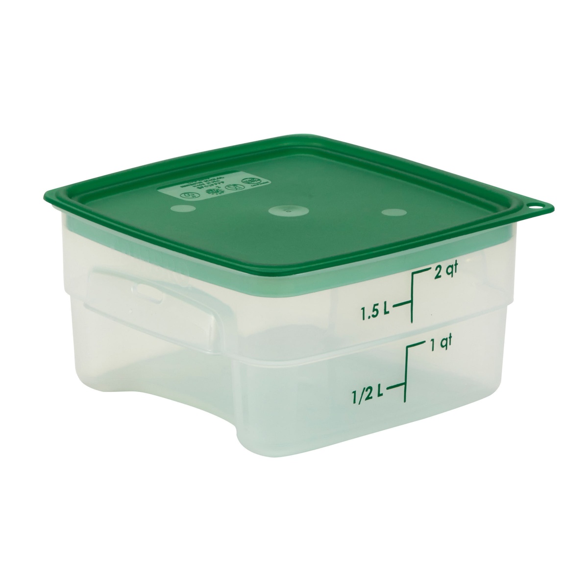 Cambro FreshPro 2 Qt square container shown with optional green airtight FreshPro lid