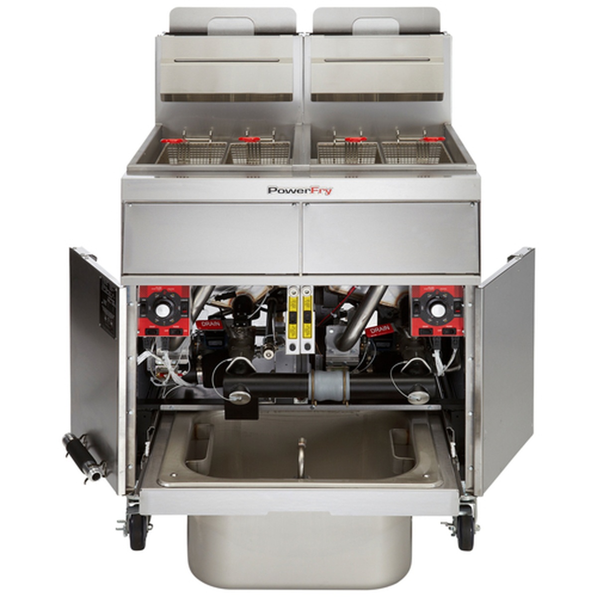 Vulcan 2TR45AF-LP fryer with cabinet doors open revealing internal KleenScreen filtration system and drain components
