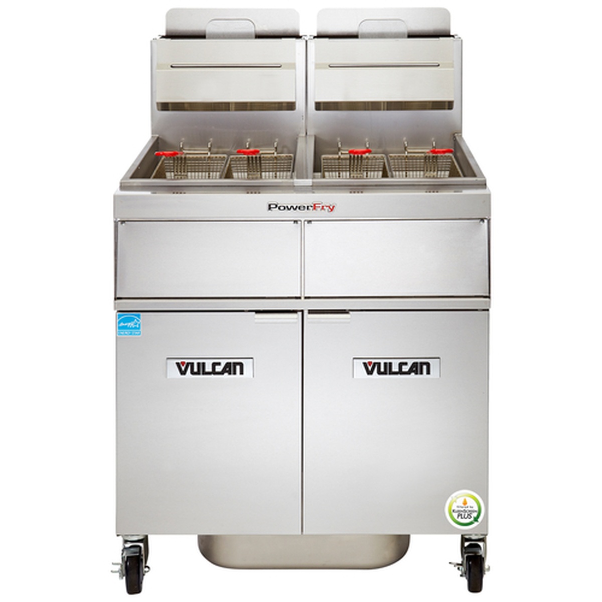 Vulcan 2TR45AF-LP PowerFry3 two-unit gas fryer system with twin baskets, stainless steel cabinet, and casters