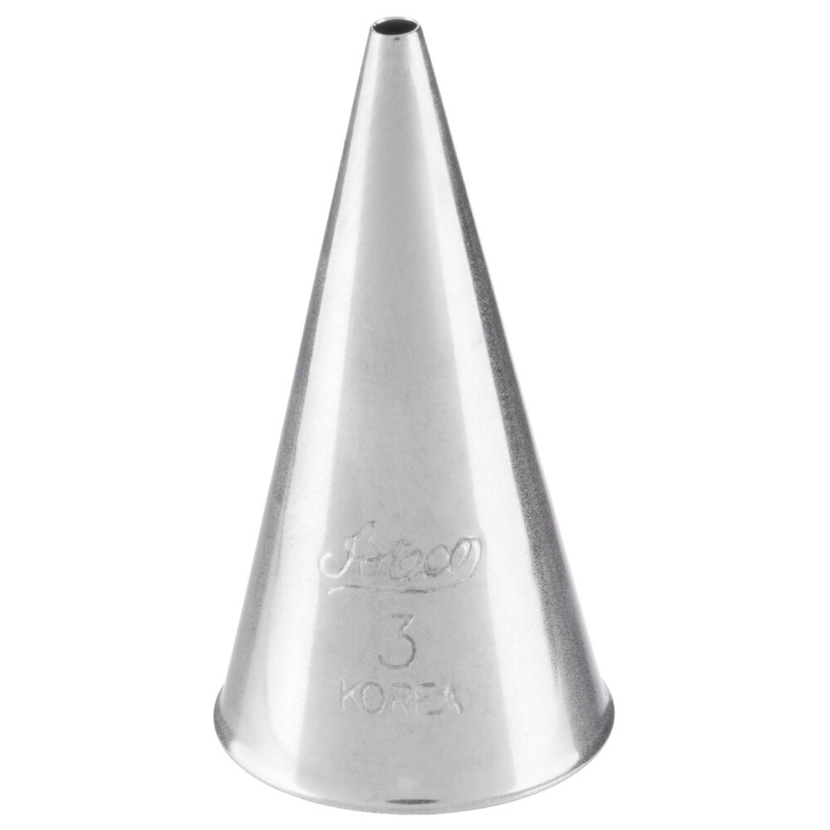 Ateco #3 plain piping tip in stainless steel, conical shape with small round opening, embossed with Ateco logo and number 3