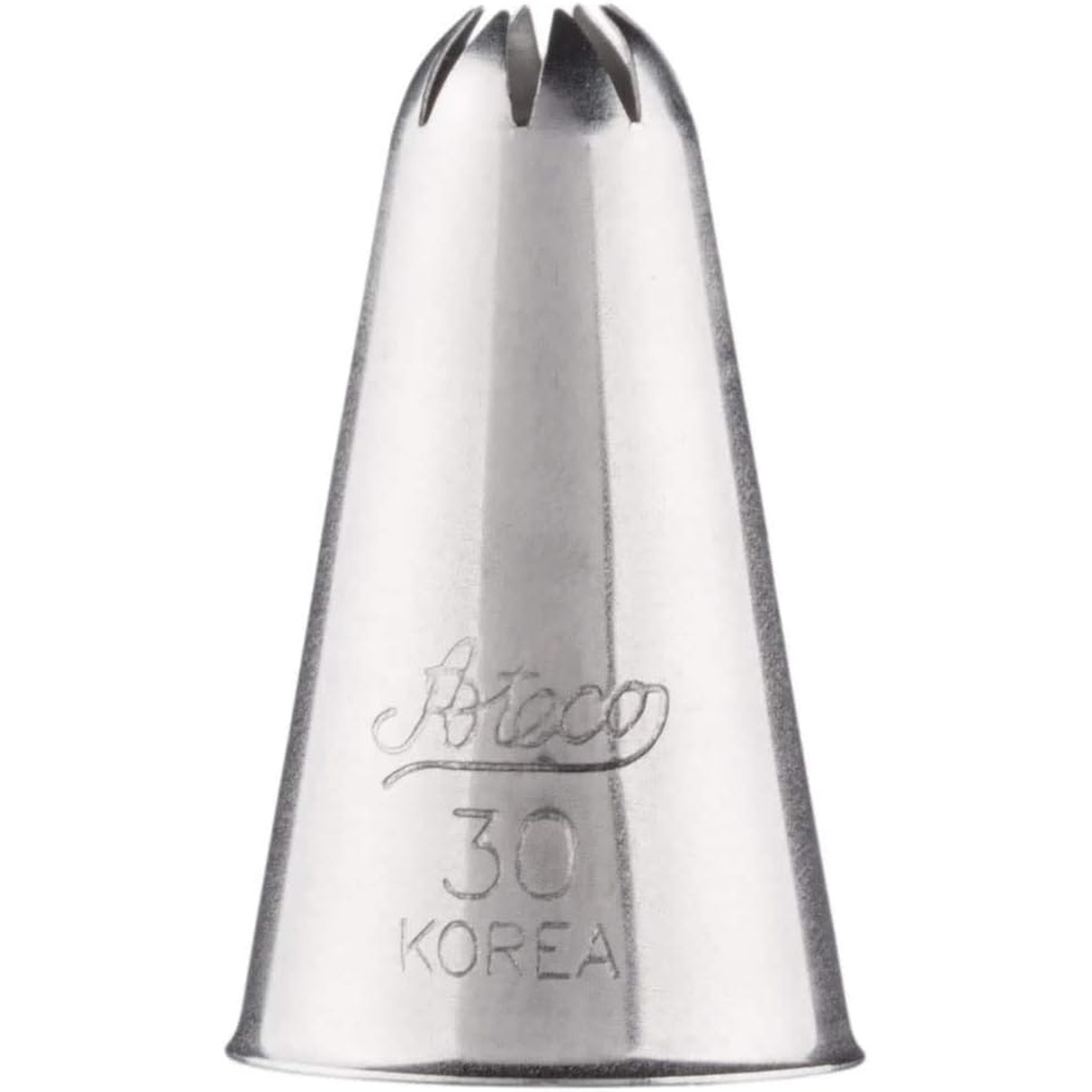 Ateco #30 Closed Star Piping Tip showing the tapered stainless steel body and star opening from a front angle