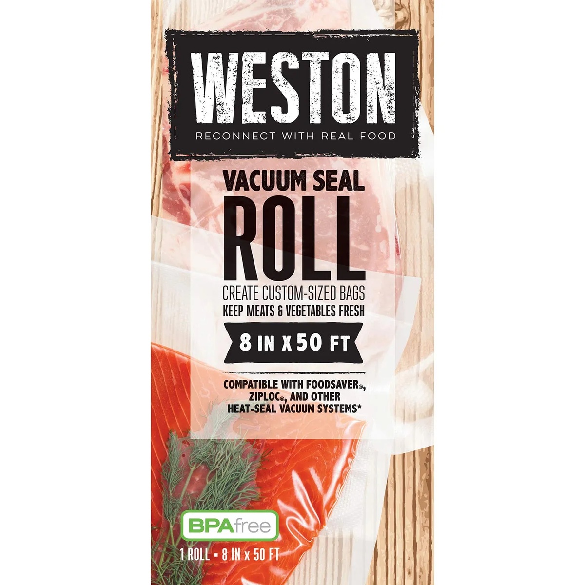 Weston 30-0008-W Vacuum Seal Roll 8 in x 50 ft product packaging, BPA-free, compatible with FoodSaver and Ziploc
