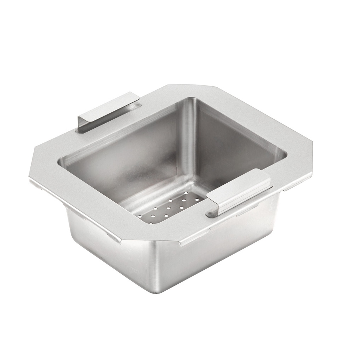 Krowne 30-153 stainless steel perforated drain basket with integrated handles for bar sink