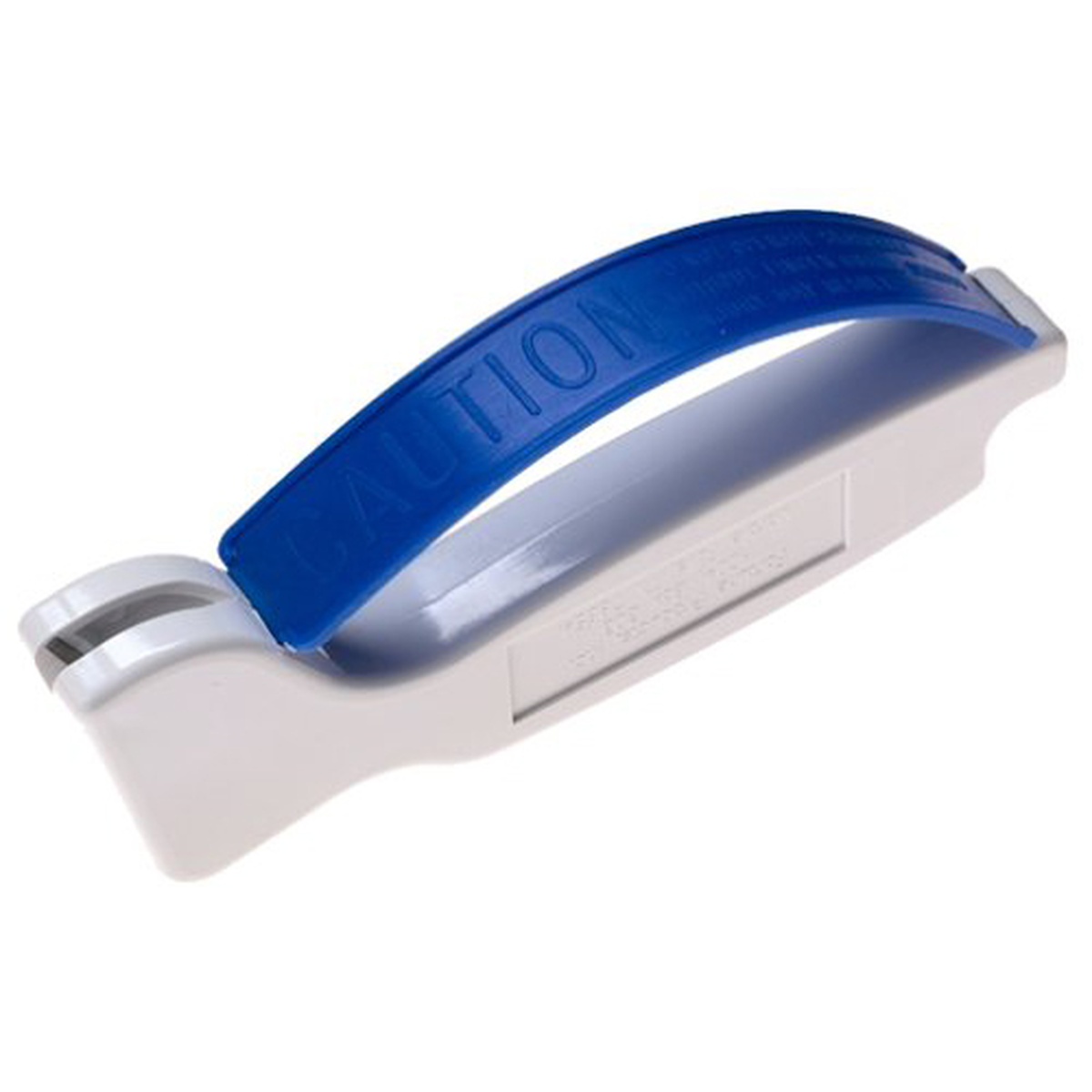 FMP AccuSharp 5-5/8 inch knife sharpener with white ABS plastic body and blue polypropylene finger guard