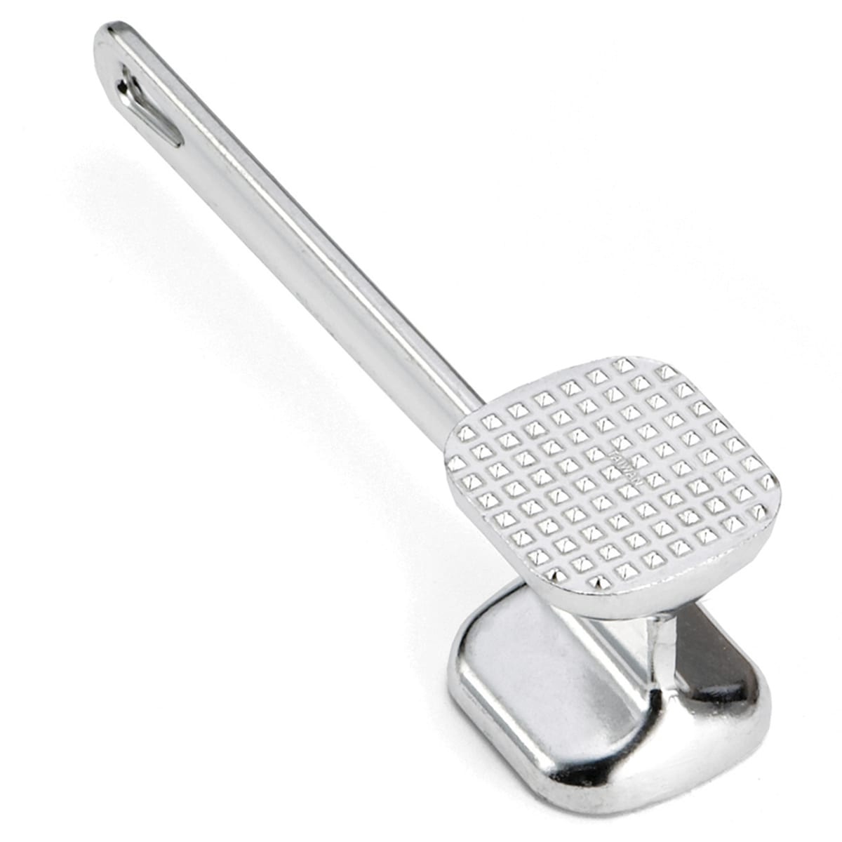 Tablecraft 3005 aluminum meat tenderizer mallet angled overhead view showing coarse textured top face and smooth bottom face with aluminum handle