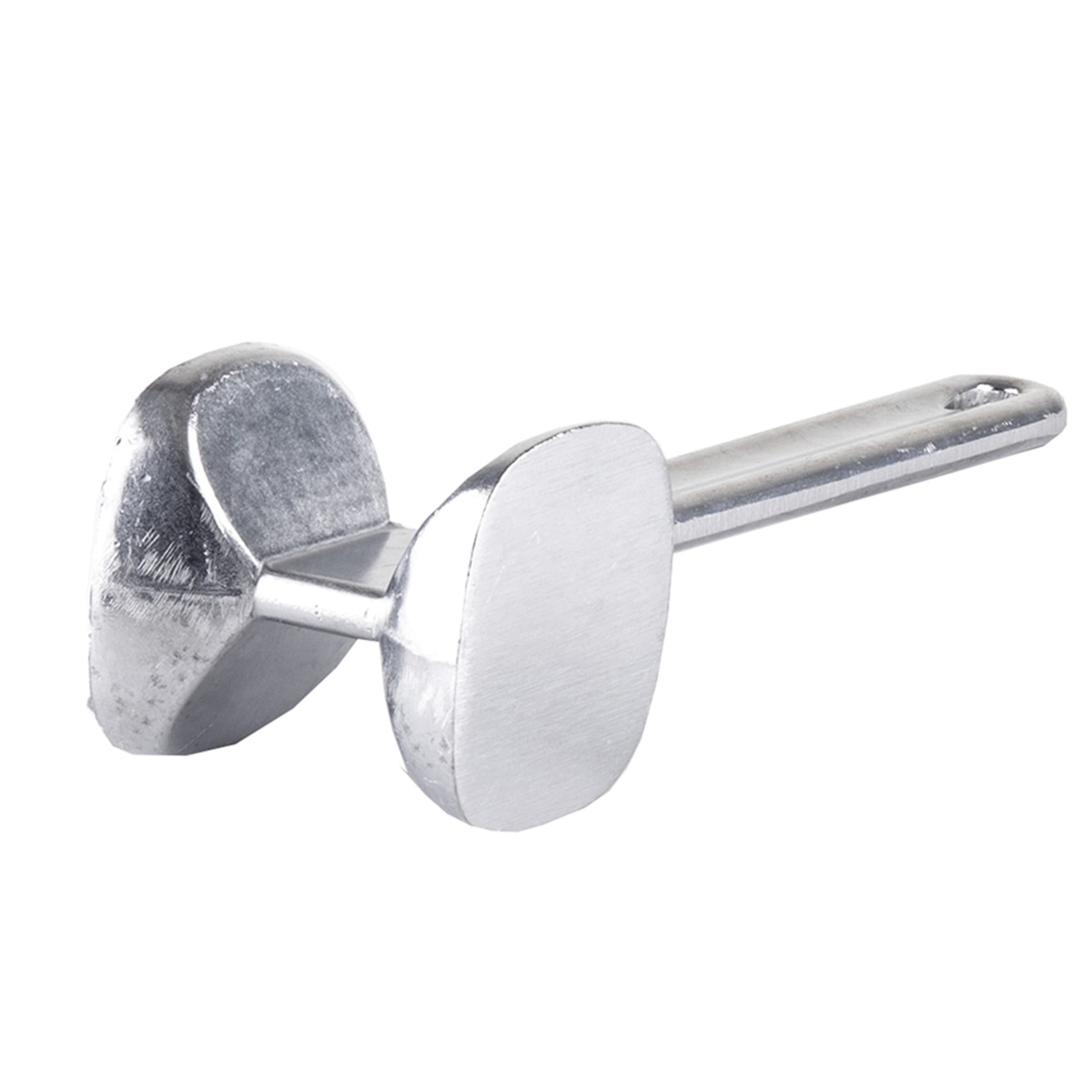 Tablecraft 3005 meat tenderizer close-up of mallet head showing both flat smooth face and coarse pyramid-textured face from an angled front view