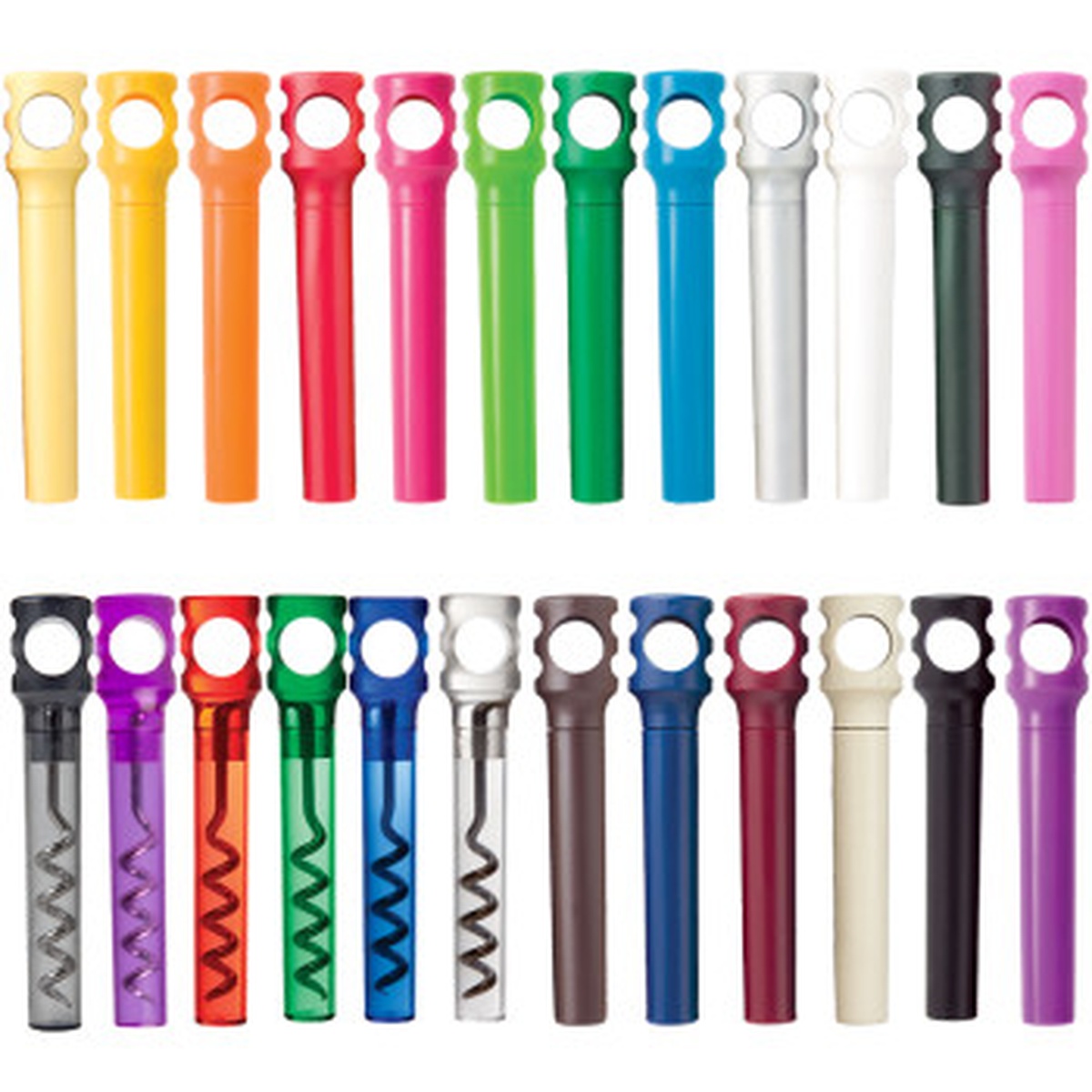 Assortment of Franmara plastic pocket corkscrews in multiple colors, shown both assembled and with spiral exposed