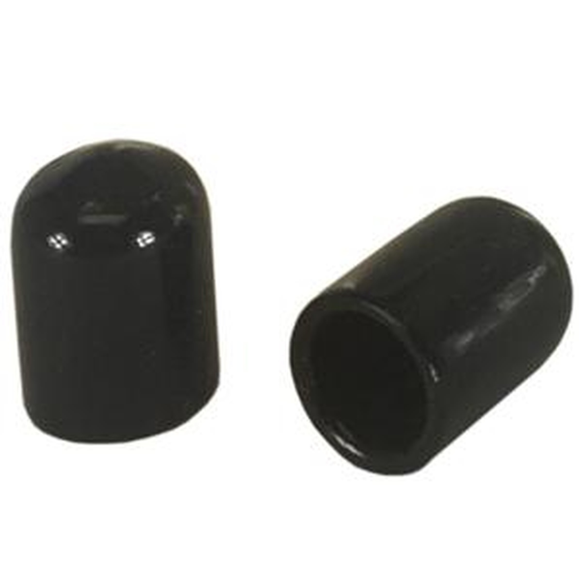 Two black vinyl dust caps for liquor pourers, one upright and one on its side showing the inner opening