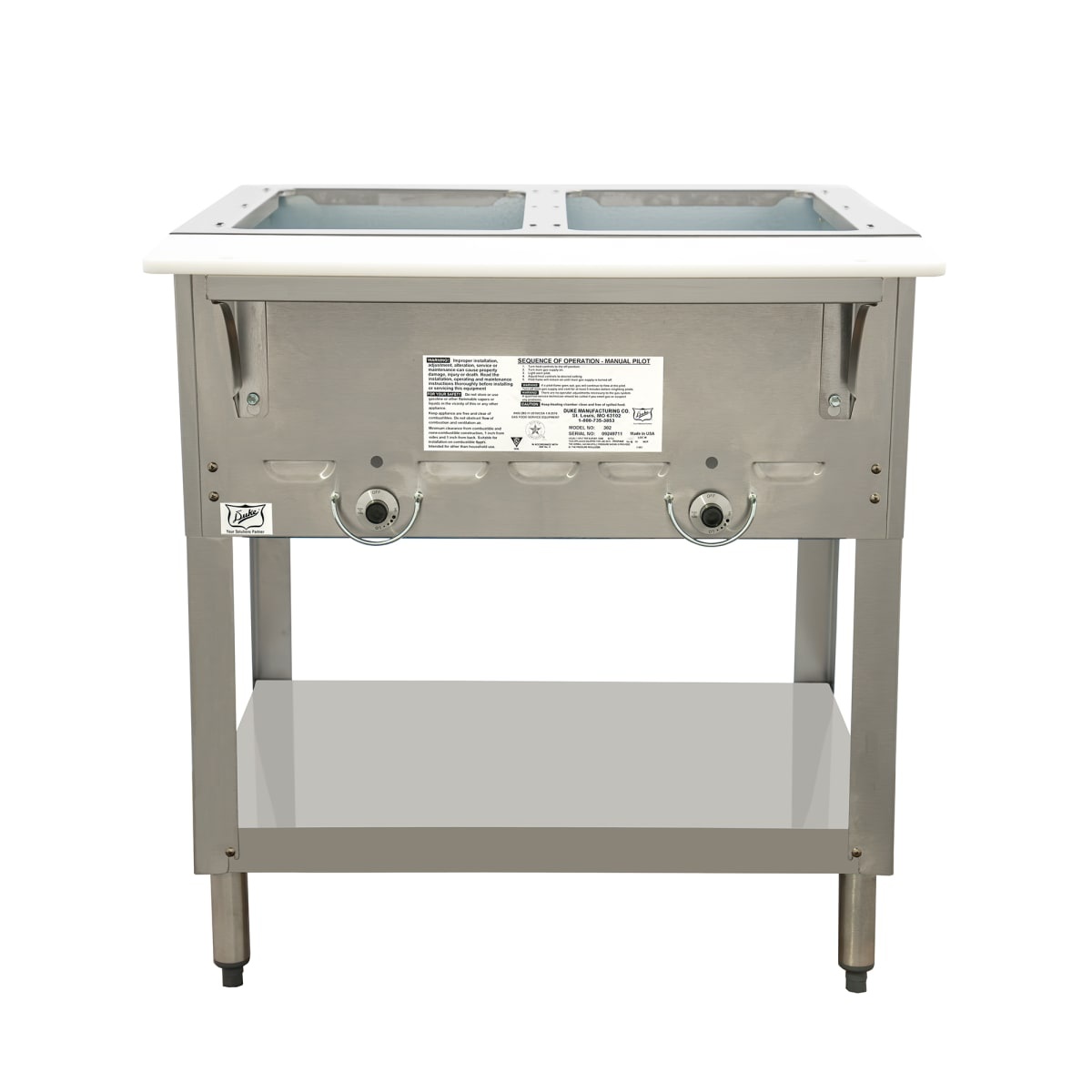 Front view of Duke 302-LP steam table with dual control valves and undershelf