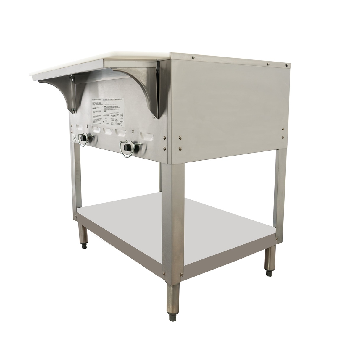 Angled view of Duke 302-LP steam table showing side panels, legs, and undershelf