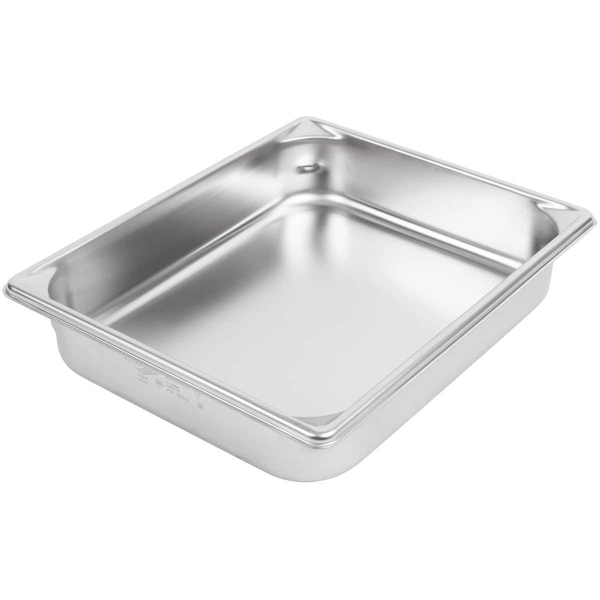 Vollrath 30222 Super Pan V half-size stainless steel steam table pan, 2.5-inch deep, angled view showing smooth interior curves and polished finish