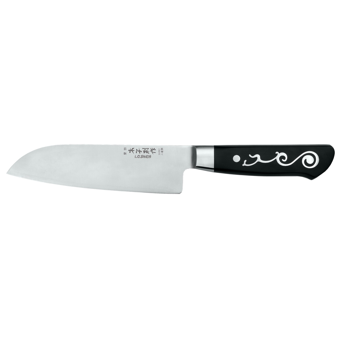 Master Grade I.O.Shen 3026 Santoku Knife with polished stainless steel blade and black ebonite handle featuring decorative Yin Yang design