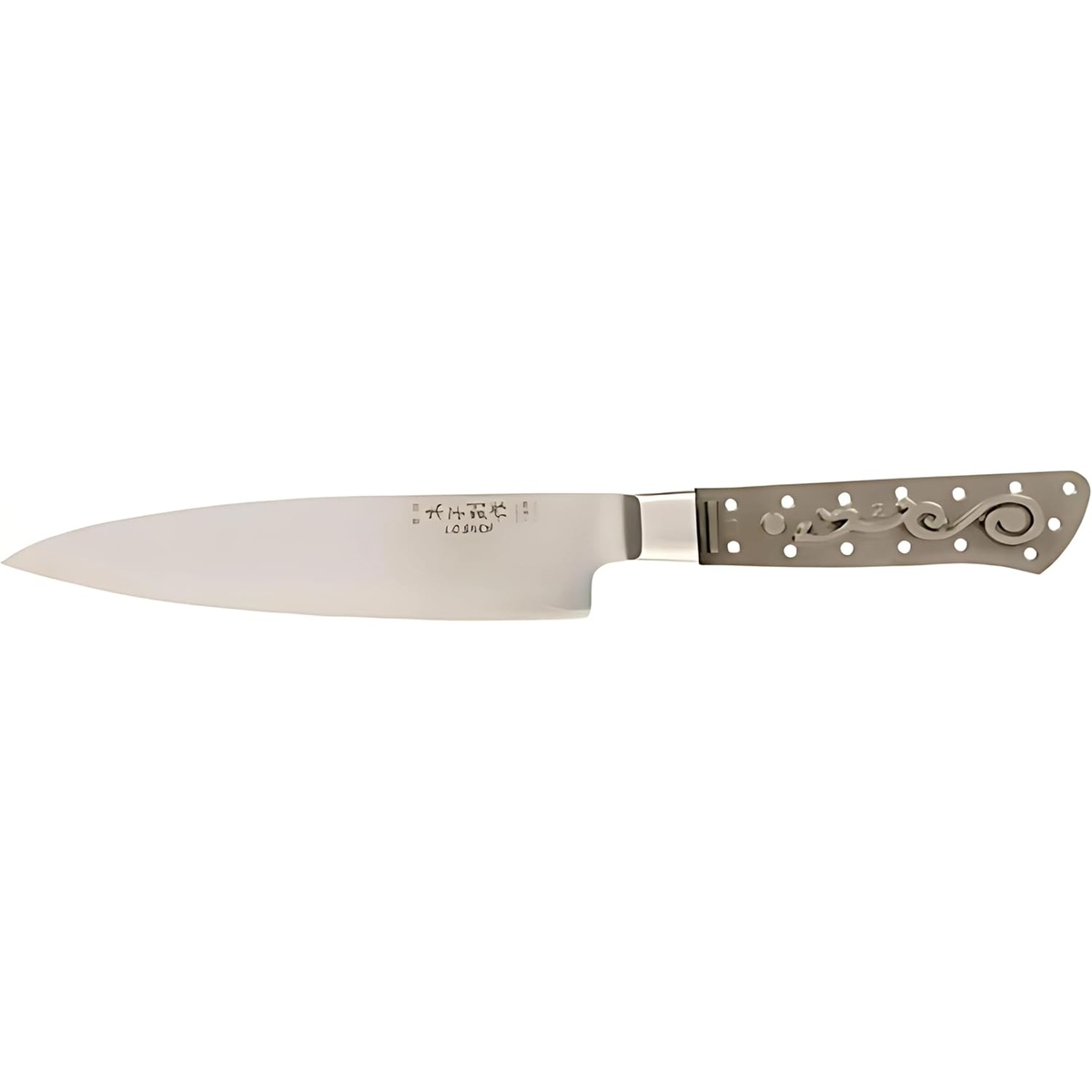 I.O. Shen Master Grade 3028 Chef Knife with decorative stainless steel handle showing Yin Yang motif detail