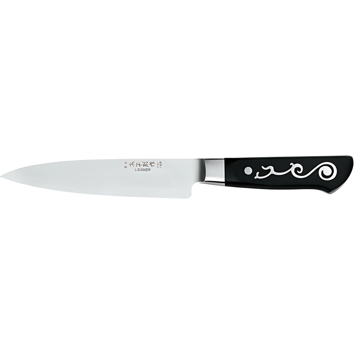I.O. Shen Master Grade 3028 Chef Knife with black ebonite Yin Yang handle and polished silver blade