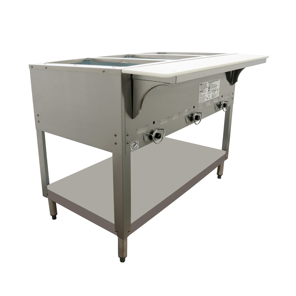 Angled view of Duke 303 steam table showing carving board and control knobs