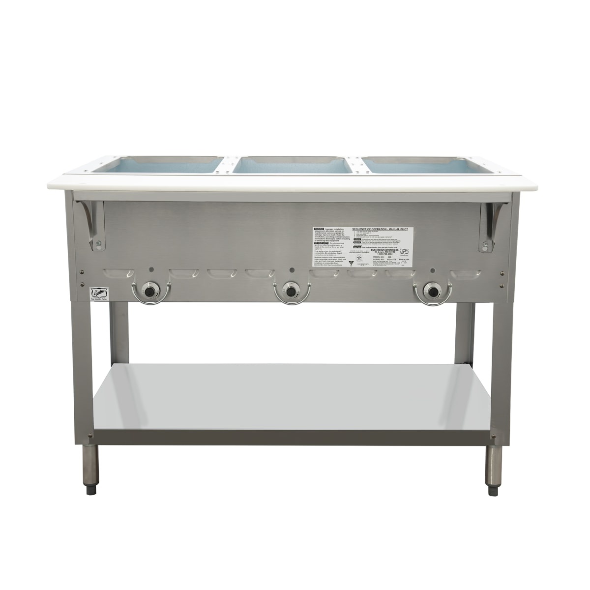 Front view of Duke 303 three well gas steam table with undershelf