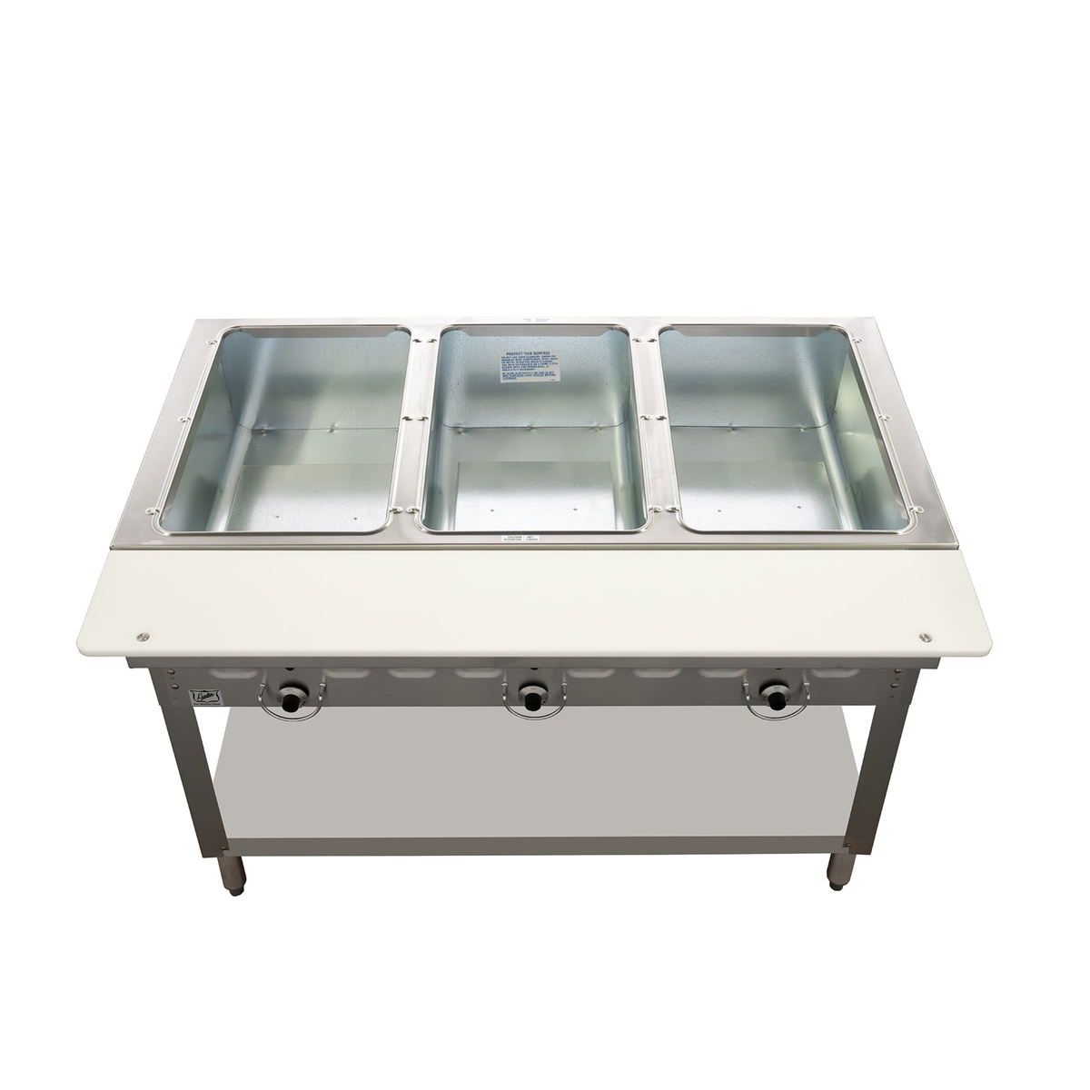 Top view of Duke 303 steam table showing three open wells