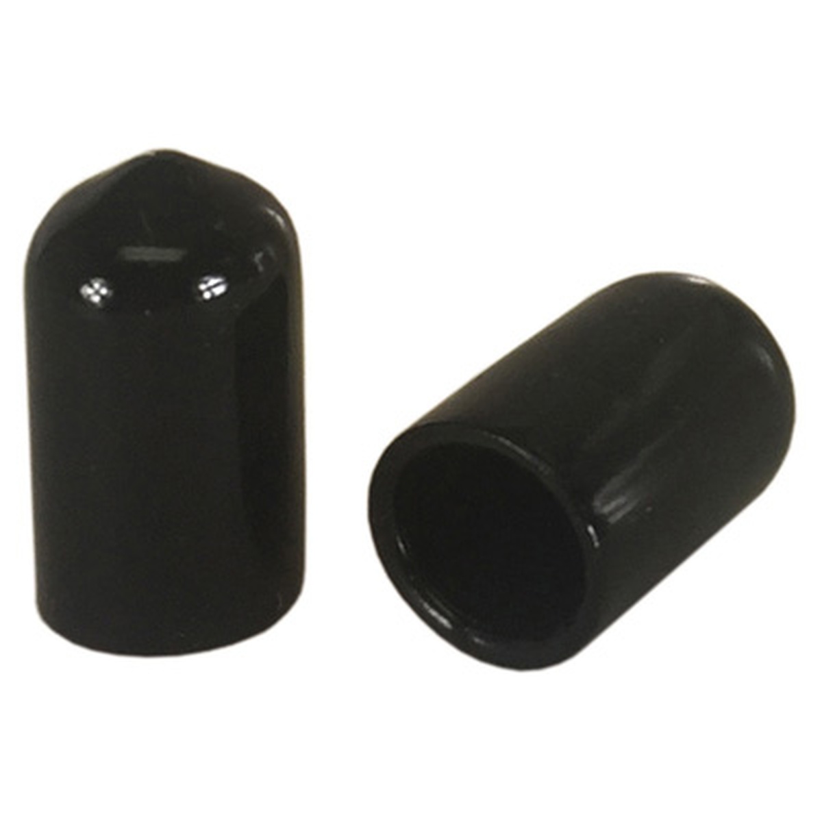Two black vinyl dust caps for liquor pourers shown side by side, one upright and one on its side