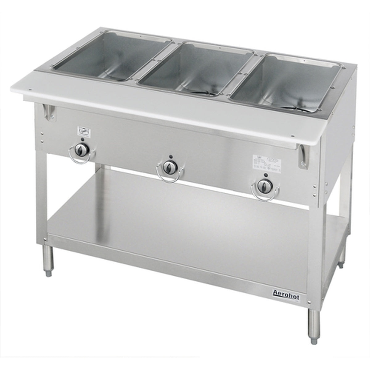 Duke Manufacturing 303-LP Aerohot 3-well LP gas steam table with stainless steel body and open undershelf
