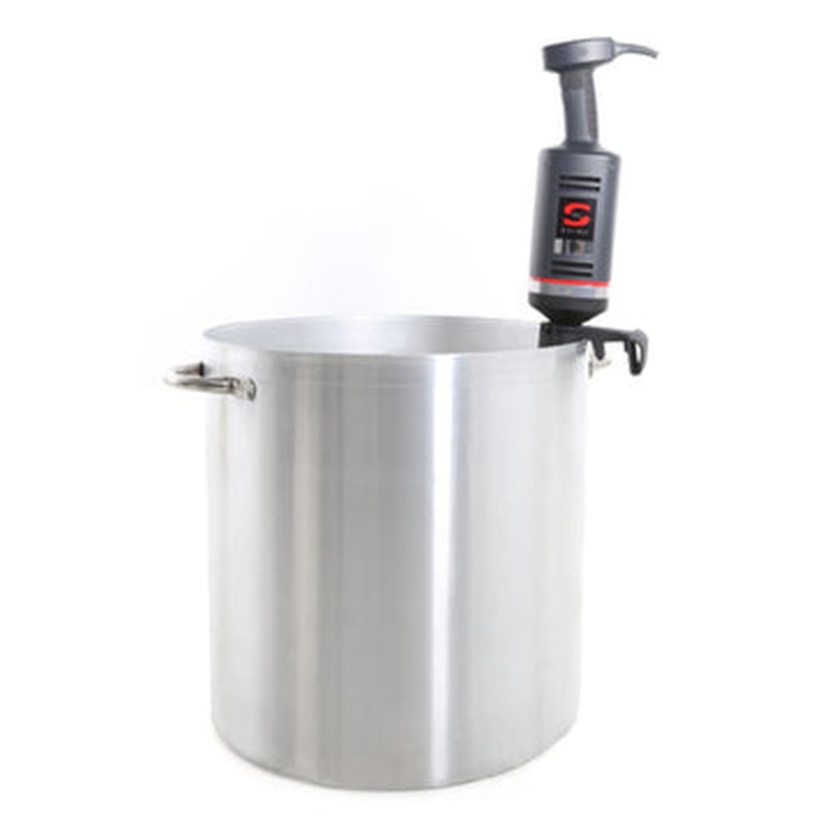 Bowl clamp securing immersion blender to stainless steel pot