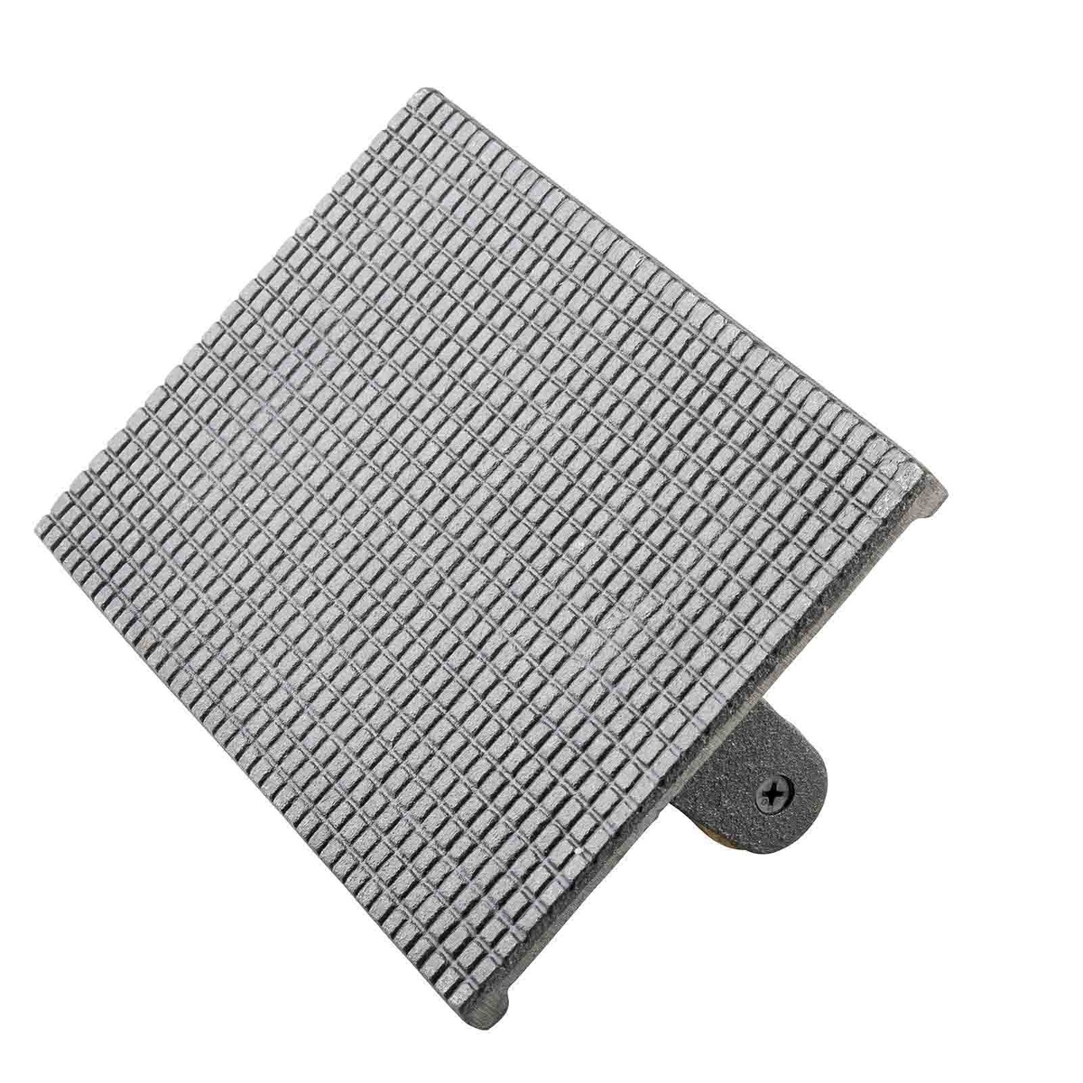 Angled view of TableCraft cast iron steak weight with wood handle