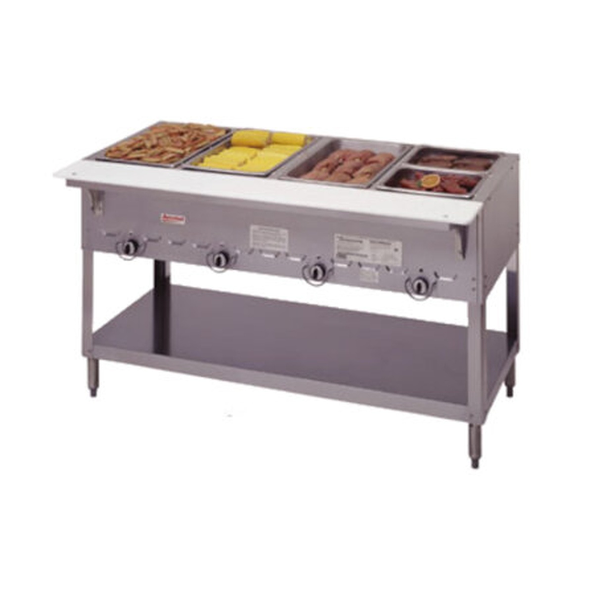 Duke 304 Aerohot 4-well gas steam table with open base and undershelf