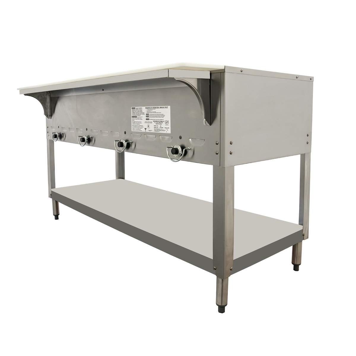 Angled side view of Duke 304-LP hot food table showing control knobs and undershelf