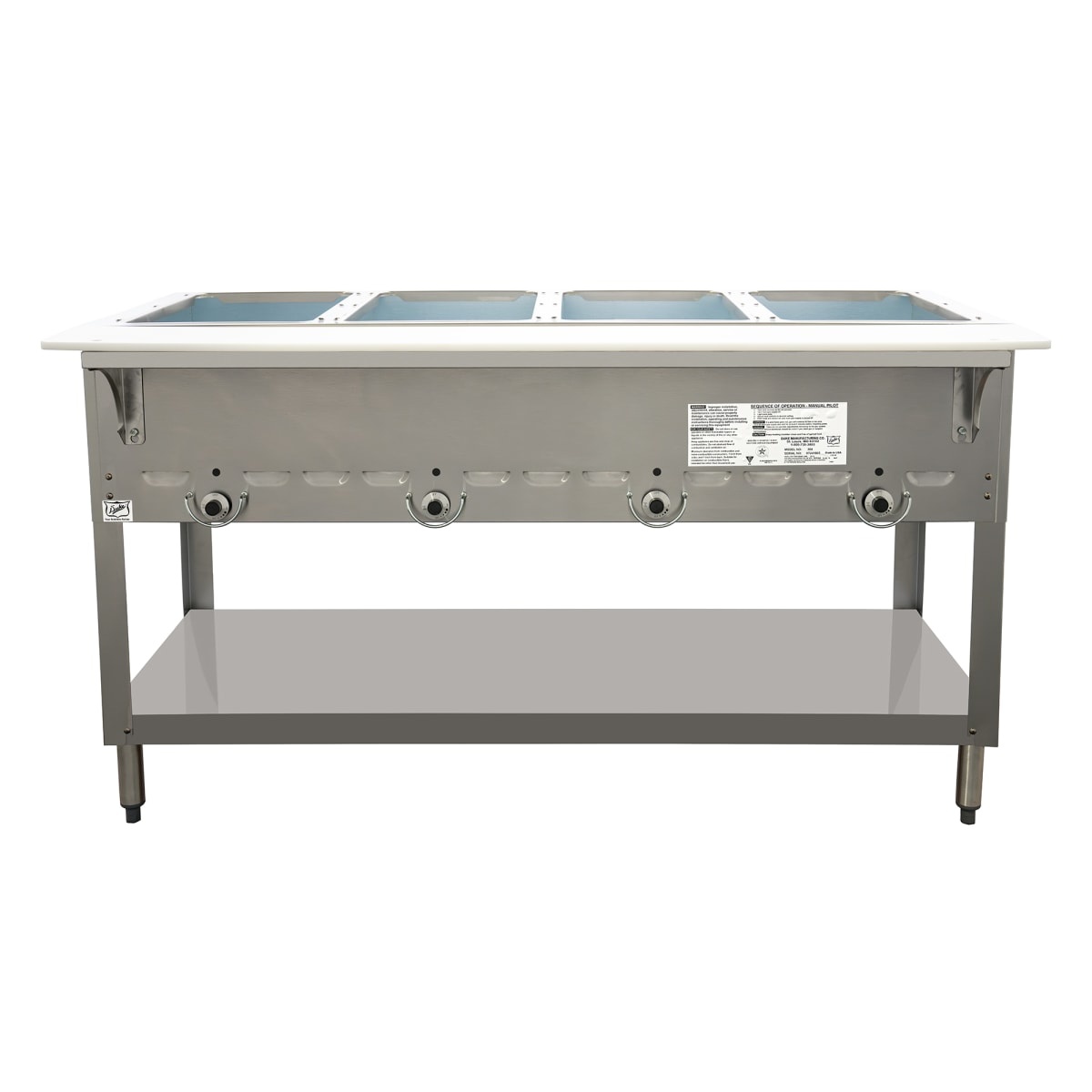 Front view of Duke 304-LP hot food table with four control knobs and open undershelf