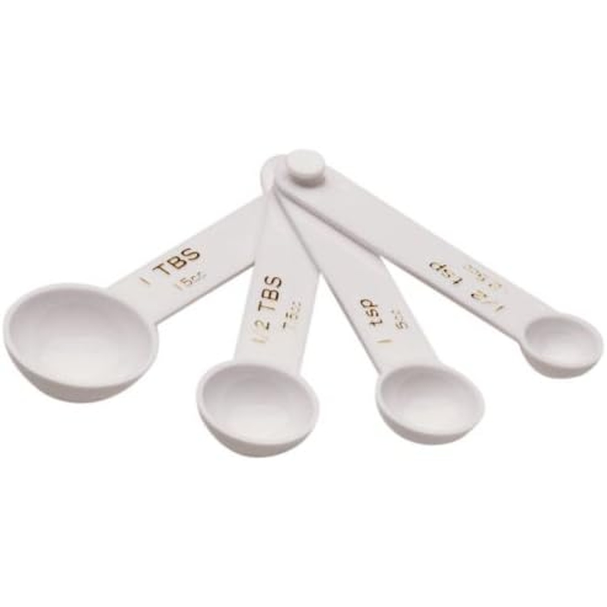 Norpro white plastic measuring spoon set of 4 showing all sizes arranged together