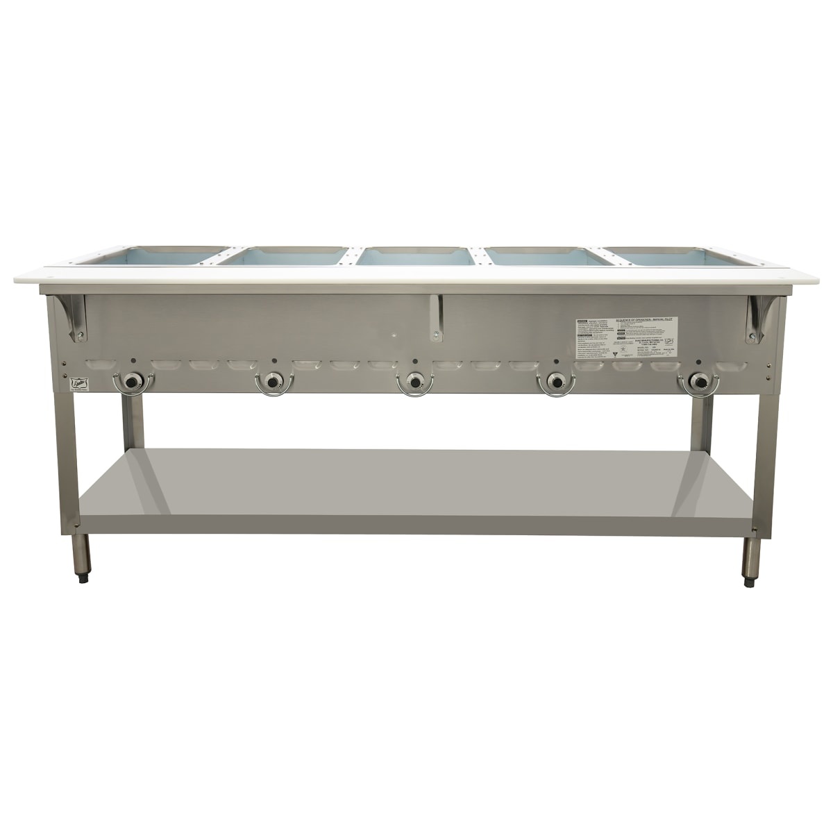Front view of Duke 305 hot food table with stainless steel body and five control knobs