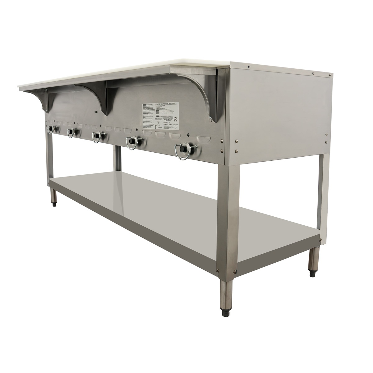 Angled view of Duke 305 hot food table showing controls and undershelf
