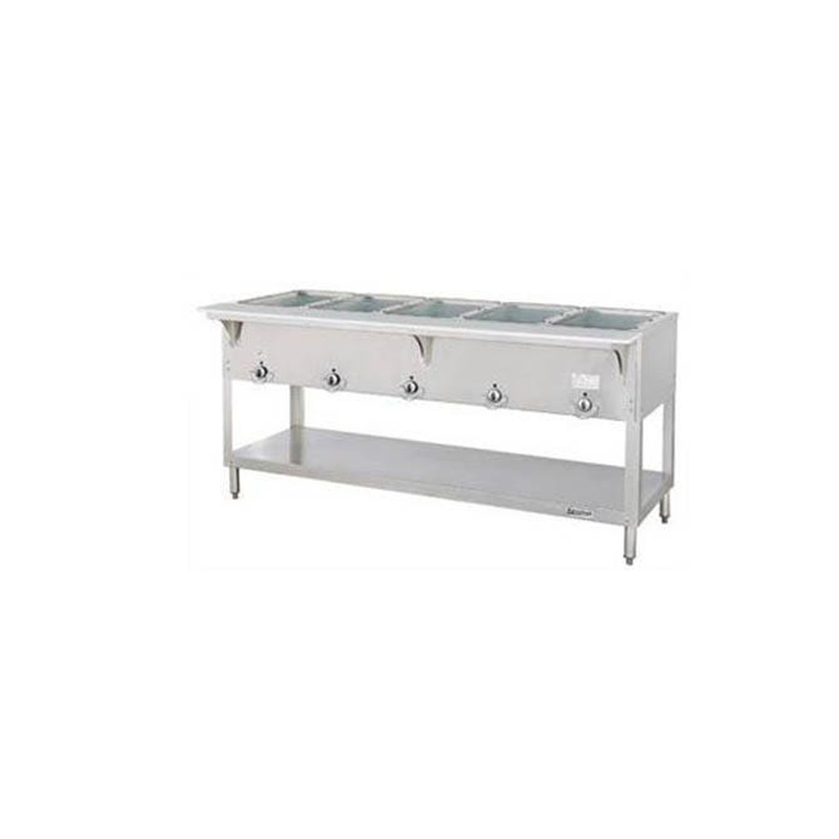 Duke 305-LP stainless steel hot food table with five open wells and undershelf