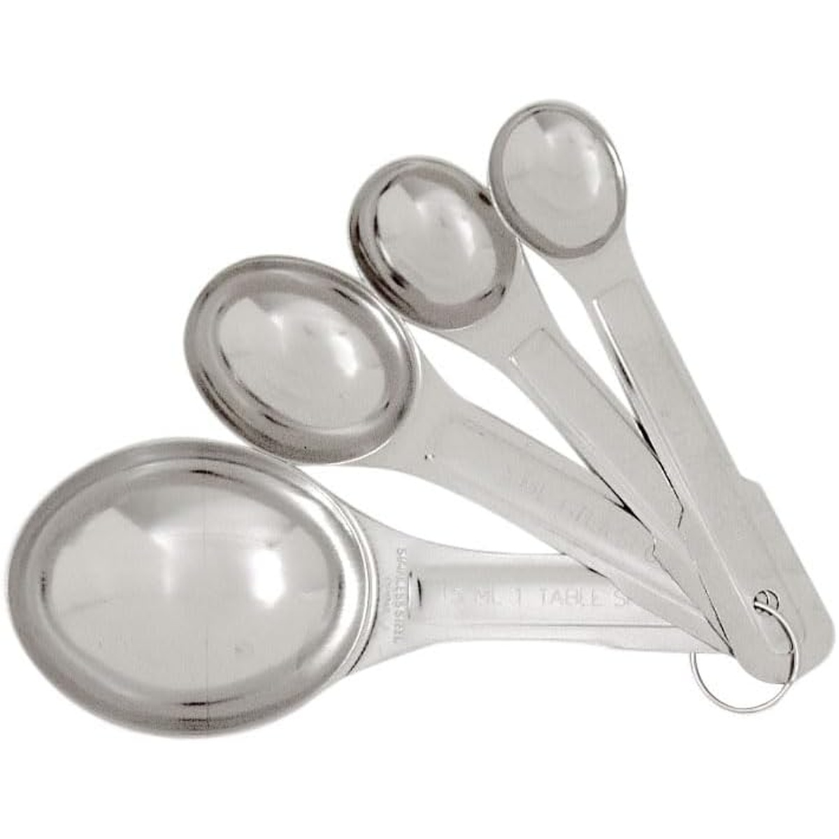 Norpro stainless steel measuring spoon set showing four oval-bowled spoons in descending size with connecting ring detail